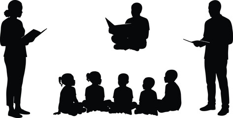  Silhouette of teachers reading books to children sitting on the floor, classroom learning, education and storytelling concept, CAD drawing flat vector illustration.