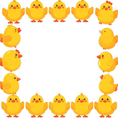 Cheerful Yellow Chicks Border Frame with Repeating Pattern and Square Shape Easter Concept Illustration for Graphic Design Elements and Decorative Use