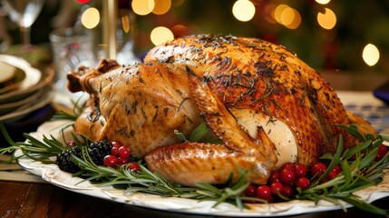 A roasted turkey garnished with herbs and cranberries on a festive table. Soft lights create a warm atmosphere, perfect for holiday gatherings.