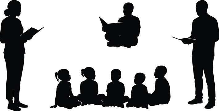  Silhouette of teachers reading books to children sitting on the floor, classroom learning, education and storytelling concept, CAD drawing flat vector illustration.