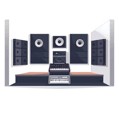 Pixel Art Music Studio Setup with Dark Gray Speakers and Equipment on a Low Stage Against a White Background Detailed Illustration