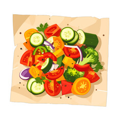 Vibrant Vegetable Pixel Art Display on Parchment Paper with Sliced Tomatoes Cucumbers Red Onion Broccoli Parsley and Orange Slices
