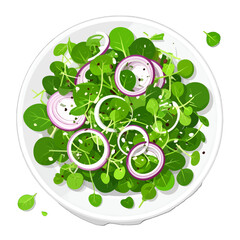 Overhead View of Fresh Green Salad with Red Onion Rings and Small Leaves on White Plate Minimalist Still Life Food Photography