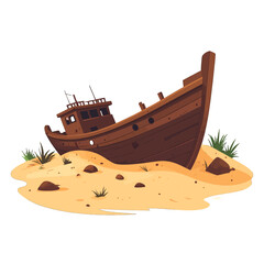 Pixel Art of Beached Wooden Ship with Light Brown Sand and Green Grass on White Background Digital Illustration