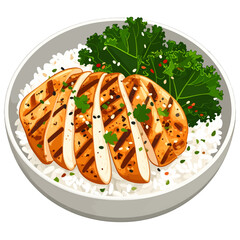 Grilled Chicken Slices Over White Rice with Green Vegetables in a Grey Bowl on White Background