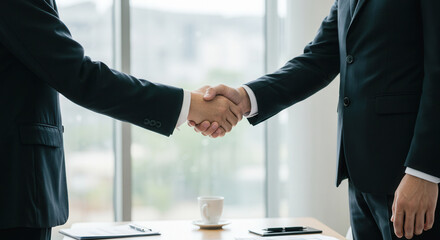 Businessmen shaking hands in office during successful negotiation  