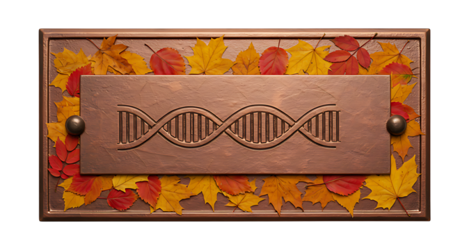 Copper DNA helix nameplate with autumn leaf texture, Halloween science nature blend