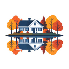 Cozy White House with Dark Blue Roof Reflecting in Water Surrounded by Autumnal Trees in Warm Light Minimalist Graphic