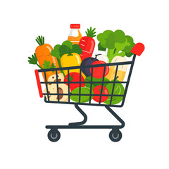 Cartoon Shopping Cart Full of Fresh Produce and Orange Juice with Vibrant Vegetables on White Background