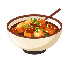 Pixelated Tofu Bowl with Green Onions and Sesame Seeds in Dark Broth in Cream Colored Bowl and Red Brown Rim With Wooden Spoon