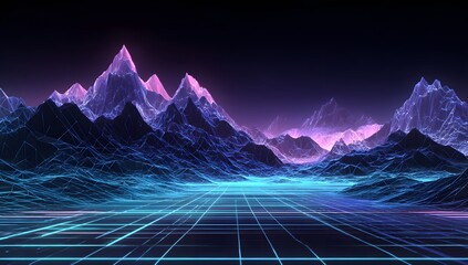 Futuristic digital landscape with neon grid and crystalline mountain peaks illuminated by vibrant purple and blue hues
