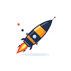 Pixel Art Illustration of a Black and Orange Rocket Launching with Flames and Smoke on White Background