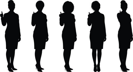 Silhouette illustration of business women standing with finger pointing up, confident posture and leadership concept, black and white vector drawing illustration