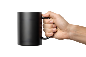 A hand firmly grips a plain, dark black coffee cup with a handle. This transparent, isolated png image is ready for mockups.