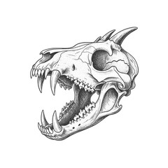 Vintage Animal Skull Engraving Illustration with Open Jaw and Sharp Teeth