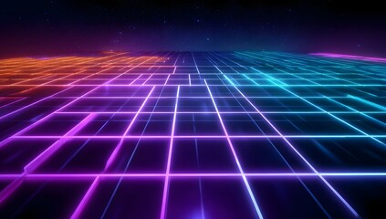 Vibrant neon grid landscape with futuristic digital horizon and abstract glowing lines in deep space