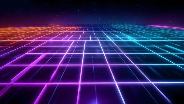 Vibrant neon grid landscape with futuristic digital horizon and abstract glowing lines in deep space