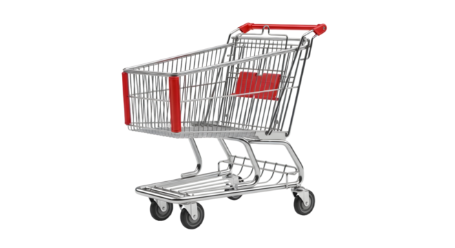 A clean empty metal shopping cart with red accents isolated on transparent background