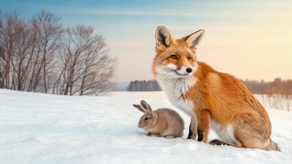 Fototapeta premium fox and rabbit in snowy scene A fox and a rabbit sit together in a snowy landscape under a serene sky.