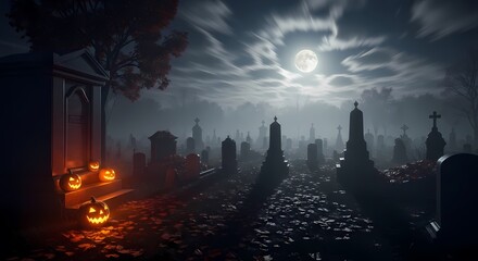Moonlit Gothic Cemetery Panorama