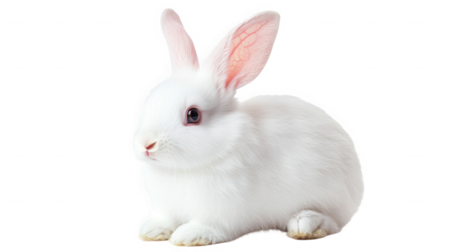 A white rabbit with pink ears and eyes sitting against a black background in a studio shot on transparent background - Powered by Adobe