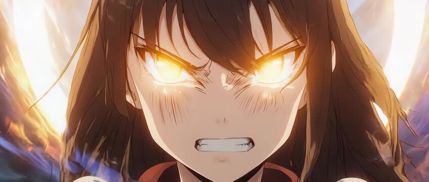 A powerful close-up of an anime girl's face showing intense anger and fury. Perfect for projects depicting conflict, determination, or strong emotions.