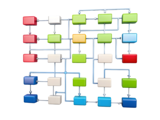 Colorful 3d cubes connected in a complex flowchart diagram isolated on transparent background