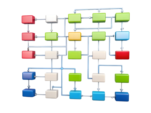 Colorful 3d cubes connected in a complex flowchart diagram isolated on transparent background