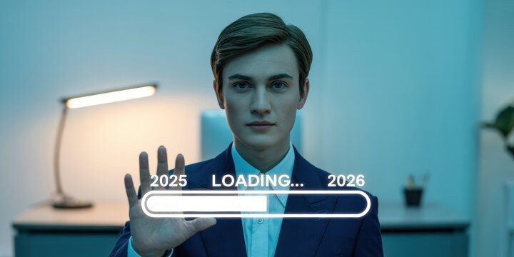 Young businessman interacting with a futuristic loading bar interface symbolizing progress and technological advancement set against a modern office backdrop