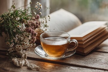 Cup of herbal tea with an open book on a wooden table, symbolizing relaxation and slow living.
