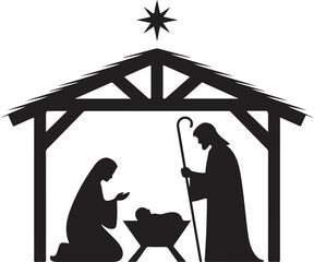 Christmas crib, nativity figures, black, isolated, vector