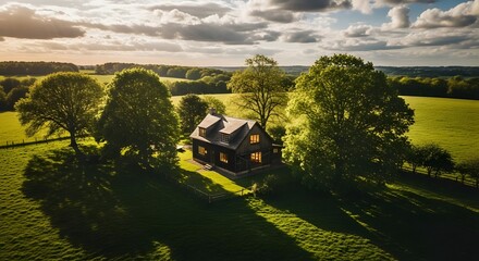 Aerial View of Modern House with Solar Panels on Roof Surrounded by Lush Greenery Sustainable Living Countryside Tranquility Retreat