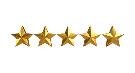 Five golden star rating symbols arranged in a horizontal line isolated on transparent background