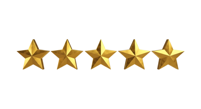 Five golden star rating symbols arranged in a horizontal line isolated on transparent background