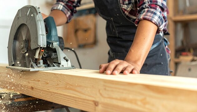 Circular Saw Cutting Through Wood Plank in Workshop, Craftsman Using Power Tool to Cut Timber in Professional Woodworking Studio