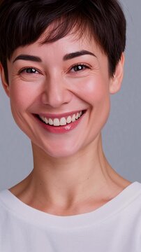 attractive woman in her late 30s with short hair wearing a white top  smiling