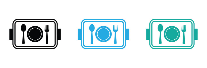 WebPlate with spoon and fork for restaurant or cafeteria use,Three food tray icons in black, blue, and green isolated on white background vector illustration,