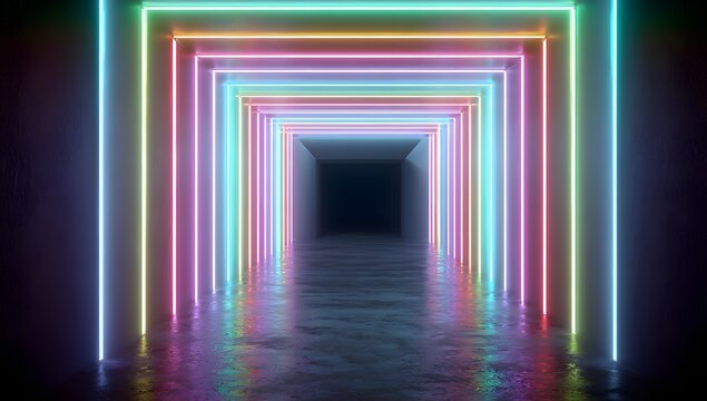 Illuminated rectangular corridor with repeating neon light frames reflecting on a wet surface creating an endless tunnel effect