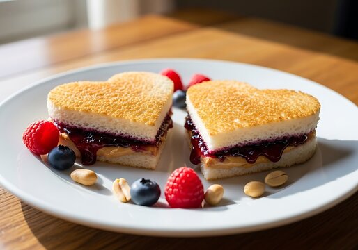 Heart-Shaped Peanut Butter and Jelly Sandwiches with Berries. - Powered by Adobe