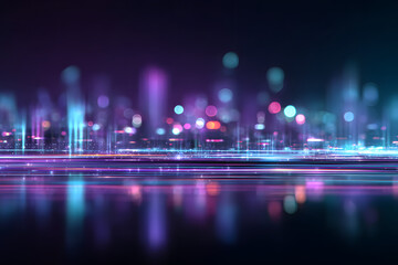 neon interface flickering with glitch effects against a purple and cyan futuristic city background