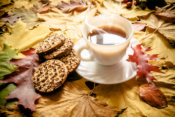 Autumn still life with cup of black coffee
