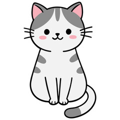 Cute cartoon white and grey tabby cat sitting upright with pink cheeks and a happy expression.