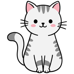 Cute cartoon cat with gray stripes and pink cheeks sitting upright.