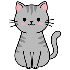 Cute cartoon gray tabby cat with pink ears and cheeks sitting upright, smiling illustration.