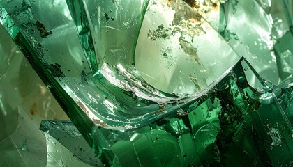 Close-up abstract composition of green broken glass shards