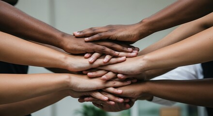 Unity in Solidarity: A mosaic of hands of diverse individuals intertwine, symbolizing a profound connection. Capturing the essence of cooperation and empathy.