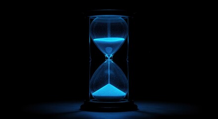 Eternal Passage: A mesmerizing hourglass captures the fleeting nature of time, its luminous blue sand elegantly trickling through, set against a backdrop of deep darkness.