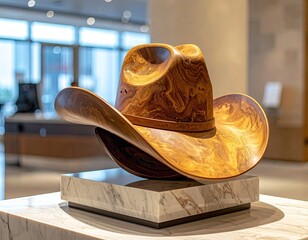 Wooden cowboy hat sculpture on a marble pedestal