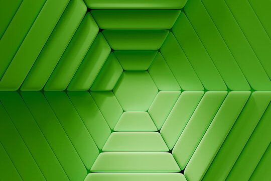 Green geometric 3d rendering of layered symmetrical pattern