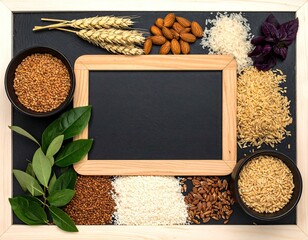 Foodstuffs surround a blank framed chalkboard